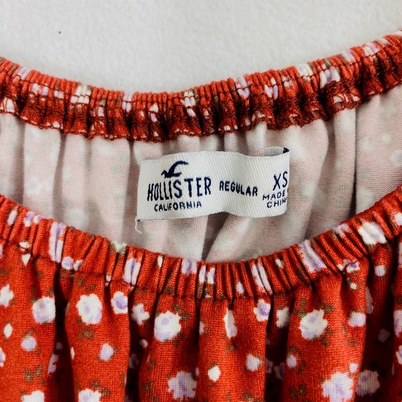 Hollister Prairie Dress Womens XS Rust Red Ditsy Floral Puff Sleeve Tiered Boho - Picture 3 of 11